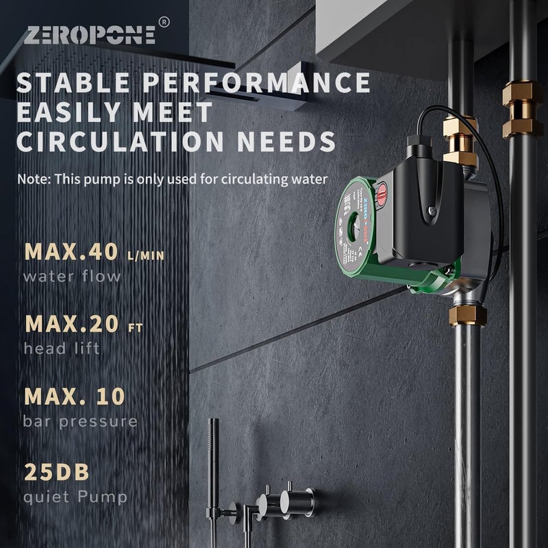 ZeroPone Hot Water Recirculating Pump, 93W Water Circulator Pump NPT 3/4" w/NPT 1/2" Adapter, Stainless Steel Head,15-6S 3 Speed Control for Electric Water Heater System - Image 4